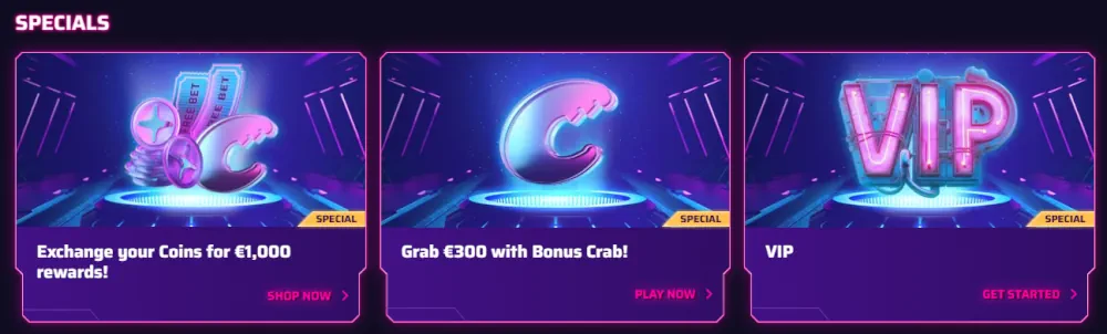 Roby Casino specials section featuring coin exchanges and VIP rewards